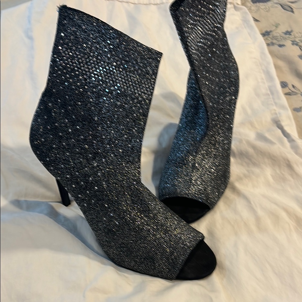 Black and Silver Heeled Boots with Peep-Toe Design